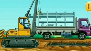 Строим двух этажный дом ,часть 2, мультик про машинки, кран, строительную технику.