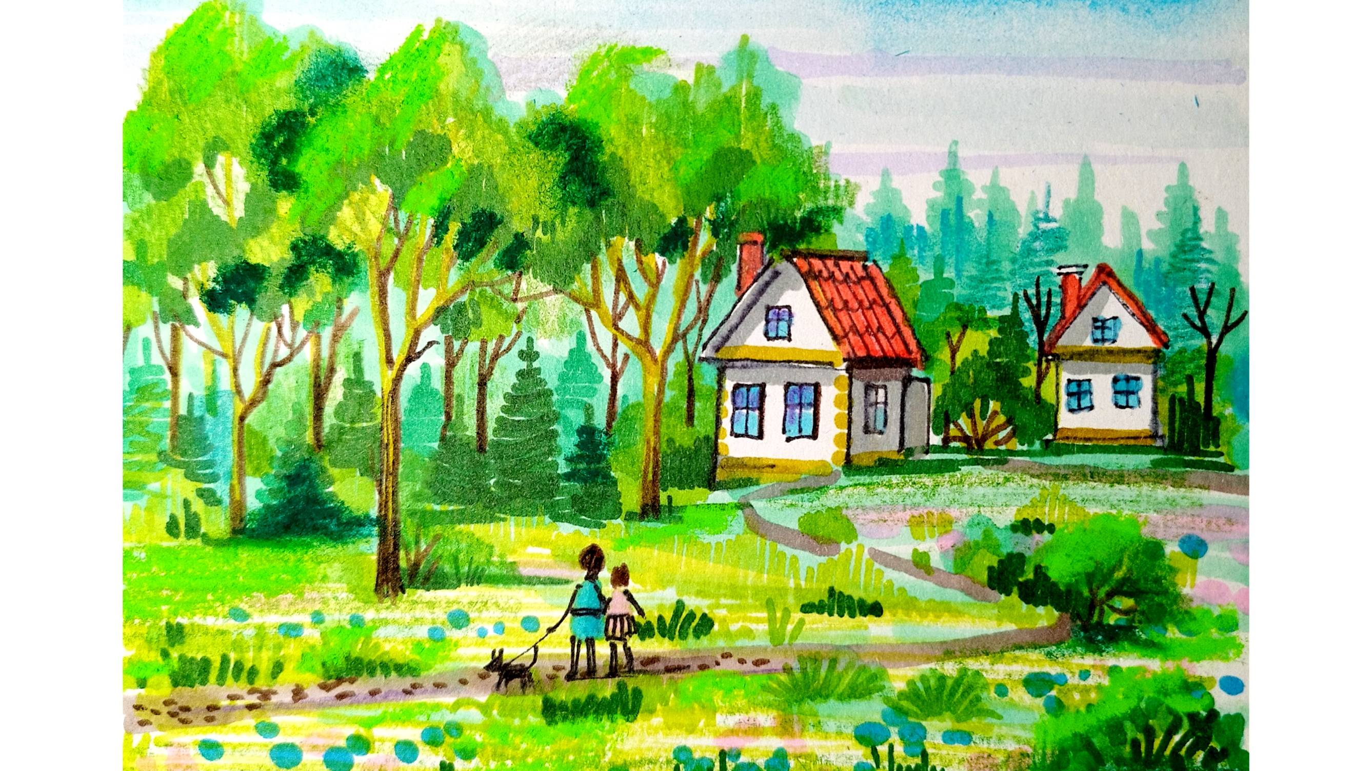 Рисуем летний пейзаж с домиками маркерами(фломастерами). смотреть онлайн