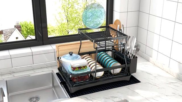Двухуровневая настольная кухонная сушка с водоотливом для посуды и столовых приборов из нержавеющей смотреть онлайн