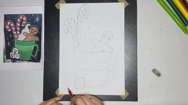 Урок малювання фломастерами для дітей. Новорічний натюрморт з пряниковим чоловічком.