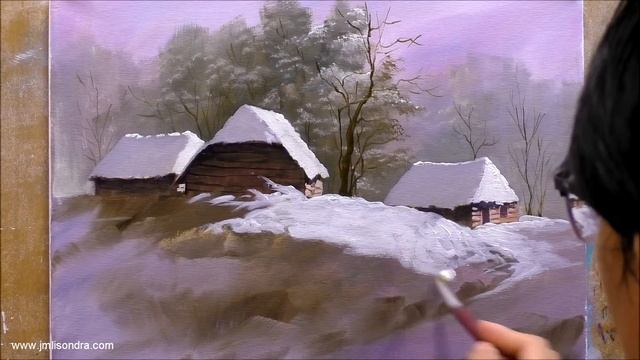 How To Paint Winter Village In Acrylics / Time-lapse / JMLisondra