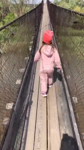 По навесному мосту через реку!