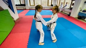 Взаимодействие, работа в парах в стойке АНУН СОГИ, 3 удара в верхнюю, среднюю и нижнюю. Тхэквондо