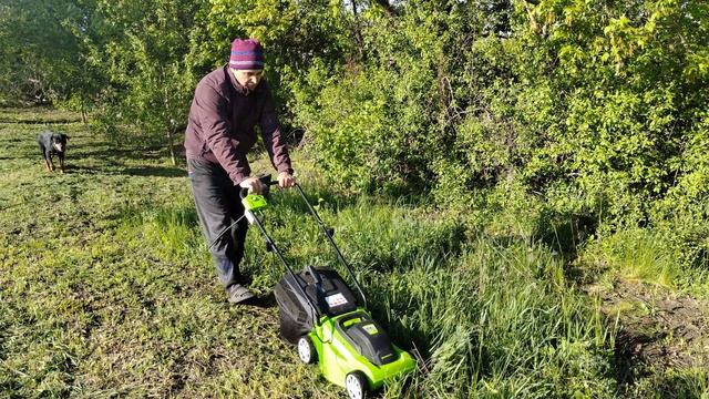 Проверяем Газонокосилку электрическую Greenworks на приусадебном участке.