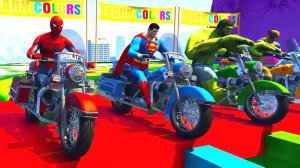 Цветные полицейские мотоциклы и супергерои мультфильм для детей с детскими песнями