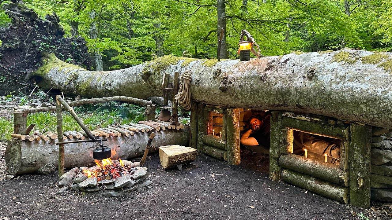 Кемпинг Bushcraft Shelter; Строительство секретной землянки для выживания под упавшим деревом смотреть онлайн