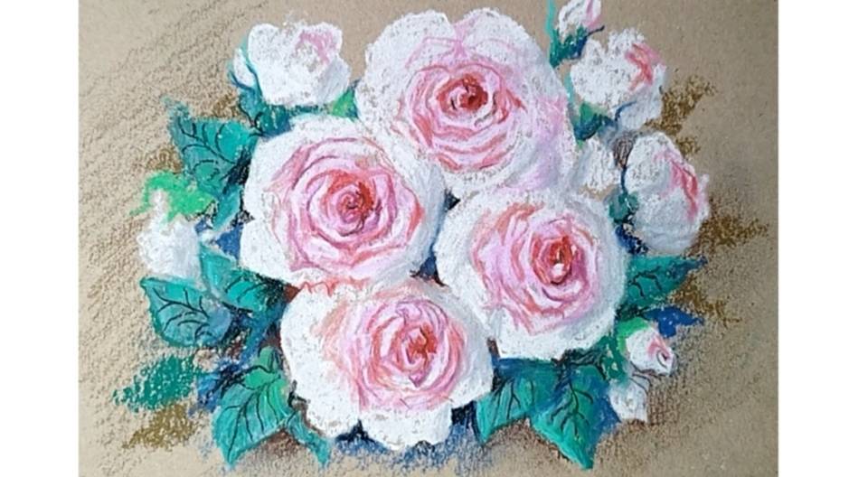 Розовые розы. Как нарисовать сухой пастелью на крафтовой бумаге. смотреть онлайн
