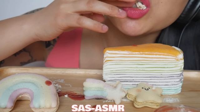ASMR CREPE CAKE + RAINBOW UNICORN MACARON (SOFT CRUNCHY EATING SOUNDS) NO TALKING | SAS-ASMR
