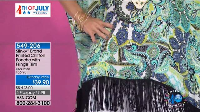 Slinky Brand Printed Chiffon Poncho with Fringe Trim смотреть онлайн