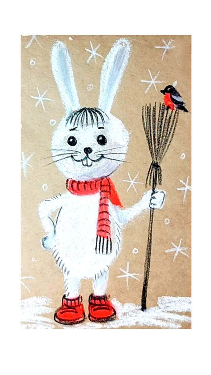 Зайчик с метелкой. Рисуем сухой пастелью на крафтовой бумаге. смотреть онлайн