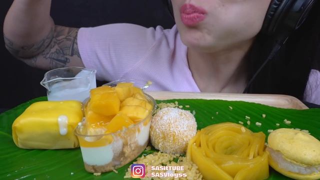 ASMR YELLOW DESSERT *MOCHI + CREPE CAKE + MACARON + CAKE (EATING SOUNDS) NO TALKING | SAS-ASMR