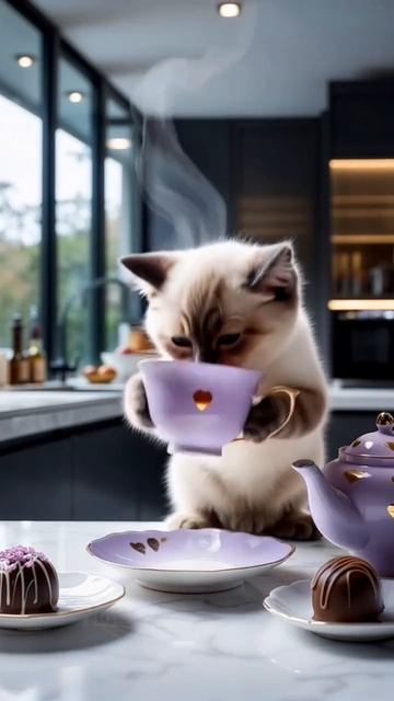 милый сиамский котик приглашает на чай с конфетами.mp4