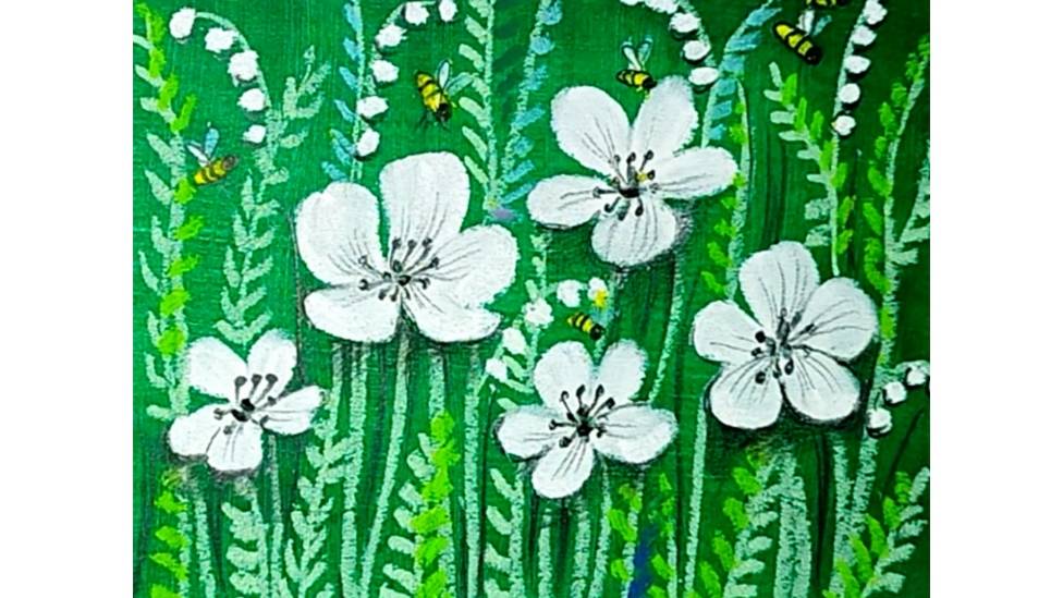 Рисуем белые цветы масляной пастелью на зеленой бумаге. смотреть онлайн