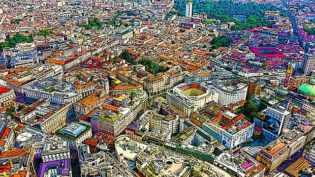 Color sketch in cartoon style. Milan, Italy. Roofs of the city aerial view. Cloudy weather, Aerial смотреть онлайн