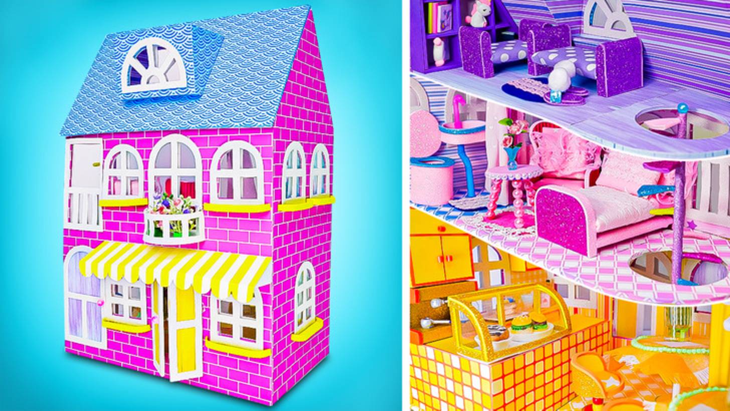 Строим НЕВЕРОЯТНЫЙ трехэтажный мини-дом с кафе 🏠 Поделки из картона смотреть онлайн