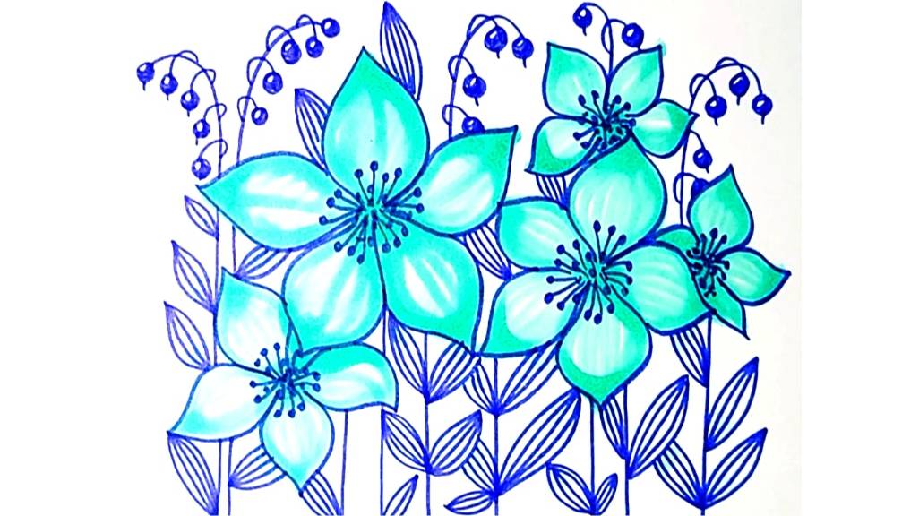 Как просто нарисовать бирюзовые цветы маркерами(фломастерами). смотреть онлайн