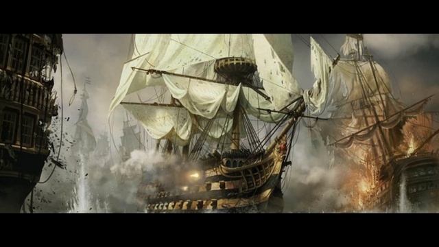 The ships go off into the sunset. Корабли уходят на закат.