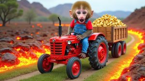 Видео для детей. Обезьянка катается на игрушечным тракторе. Игручечный трактор с прицепом. Детям.