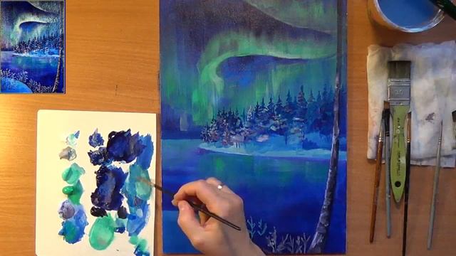 Как нарисовать зимний пейзаж. Рисуем северное сияние. Акрил смотреть онлайн
