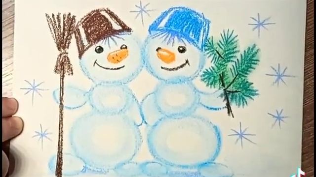 легко и просто, рисунок со снеговиками карандашами и мелками ⛄☃️❄ смотреть онлайн