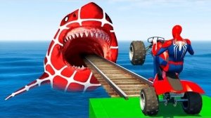 Супергерои на мосту вортекс-воронка 🕷️🏍️ РАДУЖНЫЙ ЧЕЛОВЕК-ПАУК! на мотоцикле по спиральному мосту.