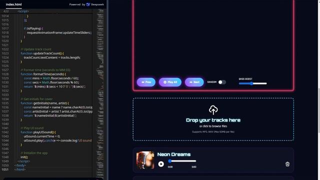 Создаем сайт с неоновым плеером через DeepSite (ИИ на базе DeepSeek) по текстовому запросу смотреть онлайн