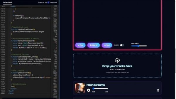 Создаем сайт с неоновым плеером через DeepSite (ИИ на базе DeepSeek) по текстовому запросу