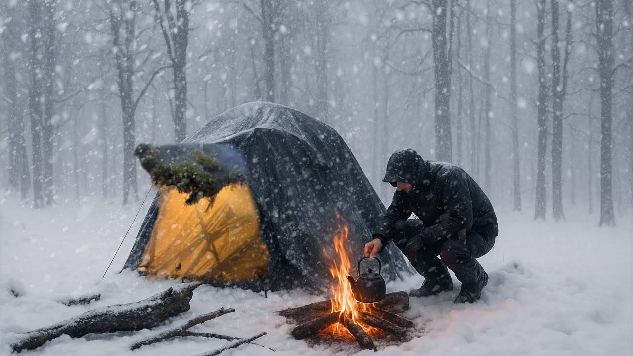 Экстремальный зимний кемпинг в условиях сильной снежной бури | Bushcraft Fire & Survival shelter смотреть онлайн