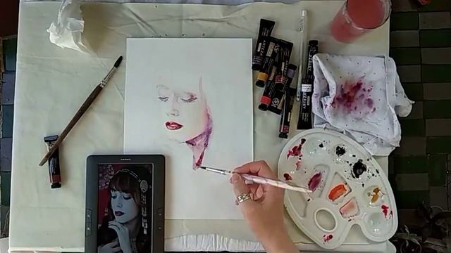 Картина "Задумчивая". Акварель. Real brush pen. Процесс. Часть 1 смотреть онлайн