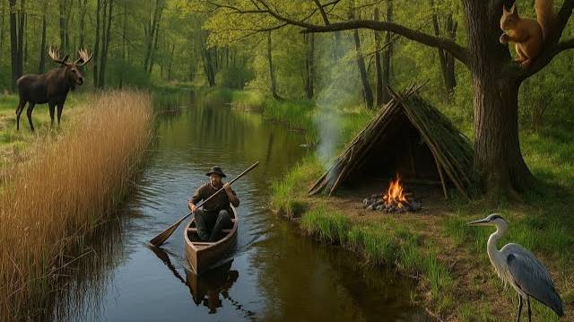 Одинокий кемпинг на острове. Хижина из веток, сплав по реке, рыбалка смотреть онлайн