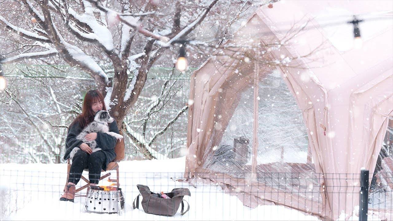 Отдыхаю в СНЕГОПАД и БУРЮ со своей маленькой собачкой в воздушной палатке, уютно и расслабляюще ASMR смотреть онлайн