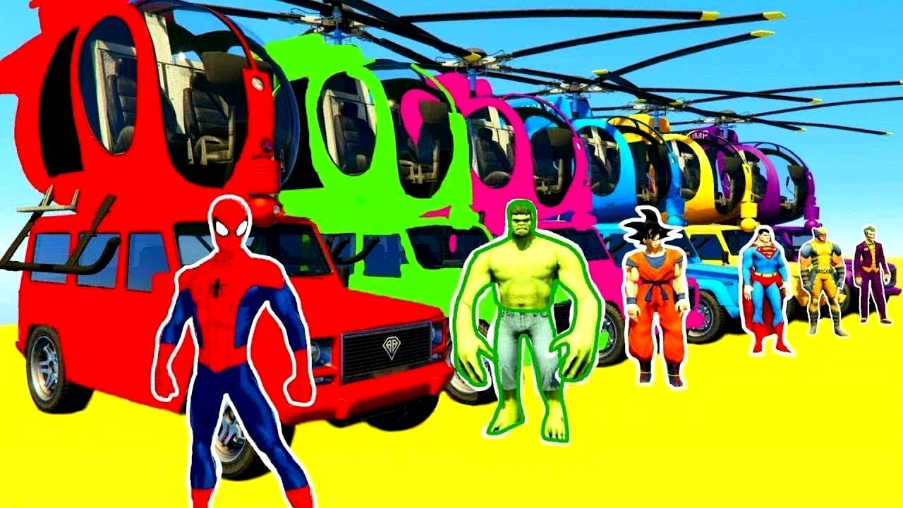 Цветные Машинки и Вертолеты Мультики про Машинки для Детей Человек Паук и Супергерои