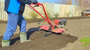 Вспашка земли мотокультиватором в огороде.