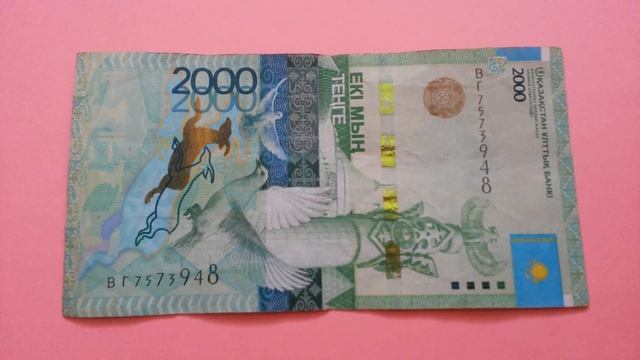 БАНКНОТА 2000 ТЕНГЕ № серии ВГ7573948 на розовой поверхности Двенадцатого Февраля - ДЕНЕЖНЫЙ ПОТОК смотреть онлайн