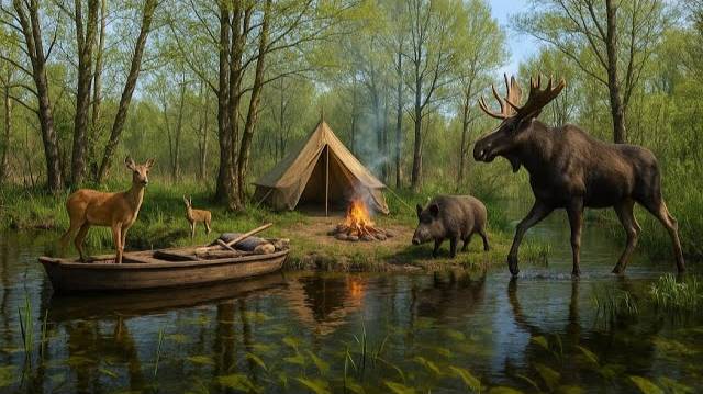 Уединенный кемпинг на острове, рыбалка, хижина для ночевки среди дикой природы смотреть онлайн