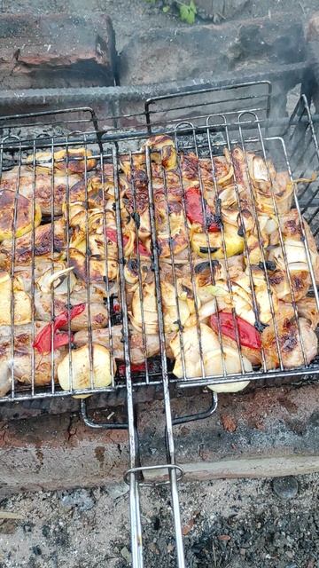 Жарю свинину на костре . Мама решила сделать микс и добавила помидор , лук , яблоко и чеснок . смотреть онлайн