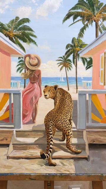 Картина "Девушка с леопардом на пляже" смотреть онлайн