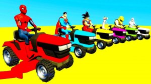 Мультики с цветными тракторами и вертолетами на полосе препятствий с супергероями для детей