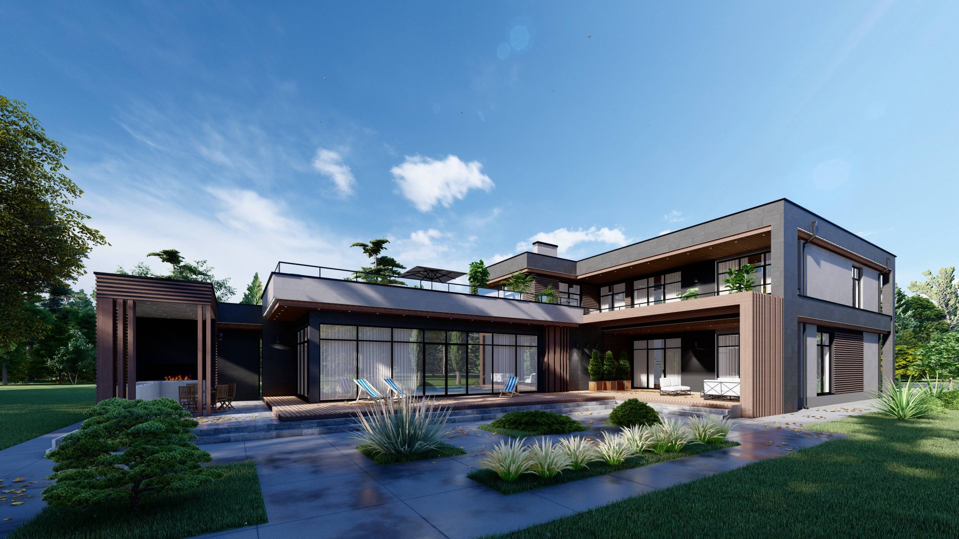 Двухэтажный индивидуальный дом, плоская кровля смотреть онлайн