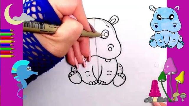Как нарисовать МИЛЫЙ. просто, Рисунки для начинающих. Бегемот смотреть онлайн