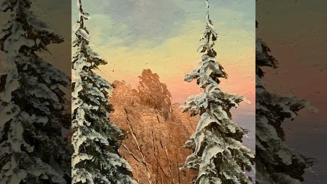 Картина авторская "Домик в лесу у заснеженного озера". смотреть онлайн