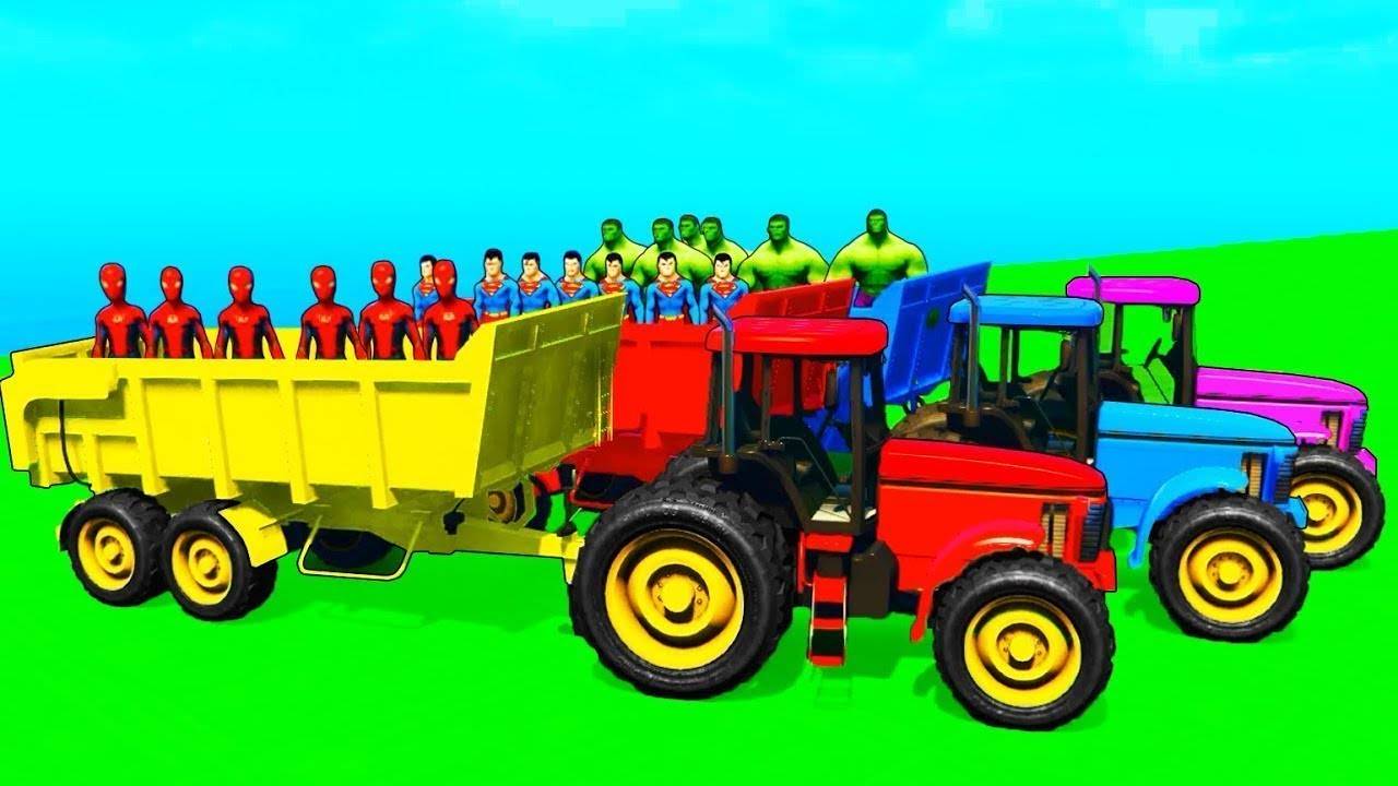 Мультики про Цветные Тракторы с Прицепом для Супергероев Весёлый Развивающий Мультик для Детей