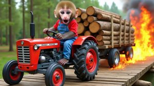 Видео для детей. Обезьянка-макака катается и играем с игрушечным трактором. Детям