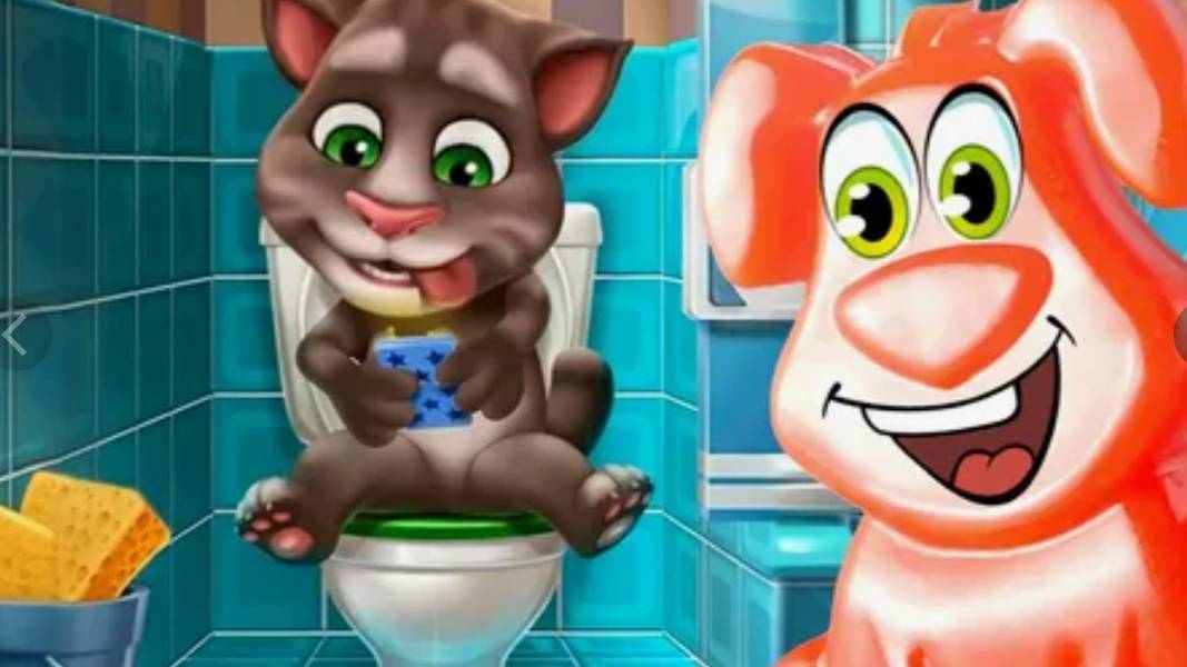 Унитаз для говорящего кота Тома и его друзей. Желейный Стасик играет в игру на планшете.