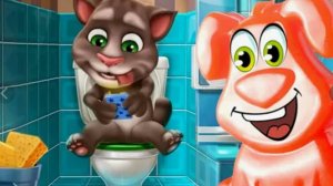 Унитаз для говорящего кота Тома и его друзей. Желейный Стасик играет в игру на планшете.