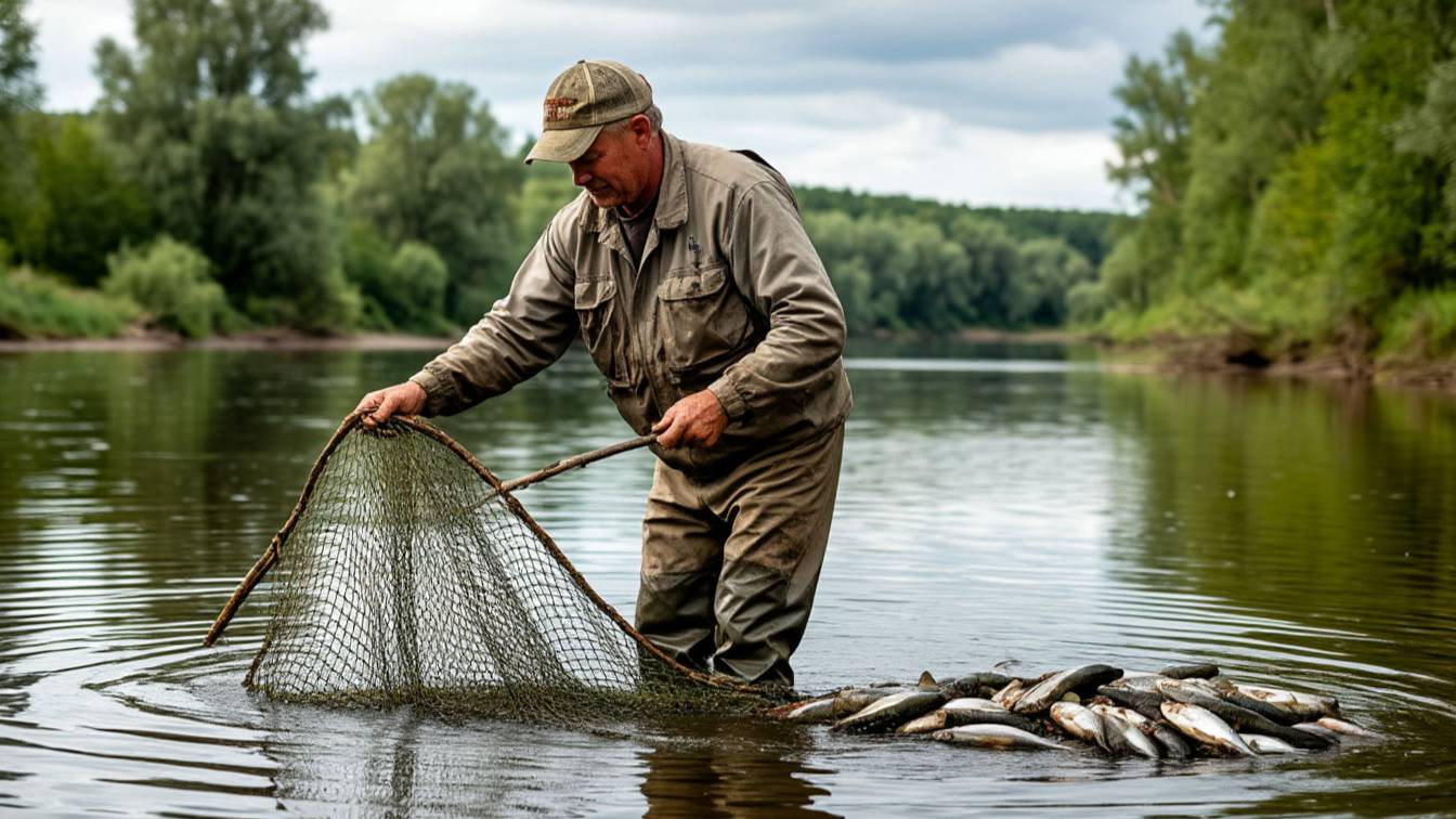 Рыбалка на реке Обь, вытащил рыболовную сеть