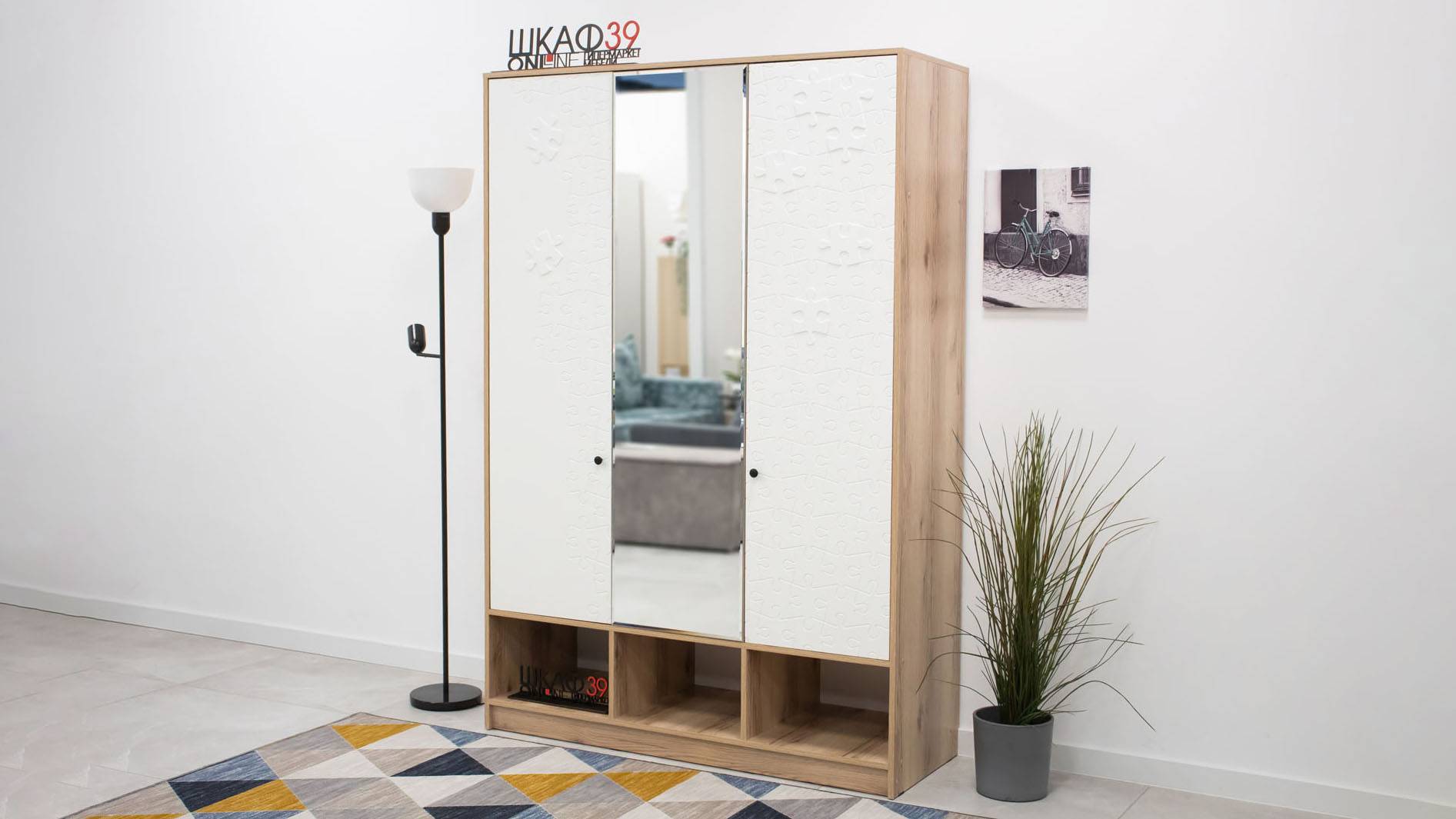 КИВИ ШК-03 Шкаф 3ств с зеркалом Дуб Делано/Белый супермат смотреть онлайн
