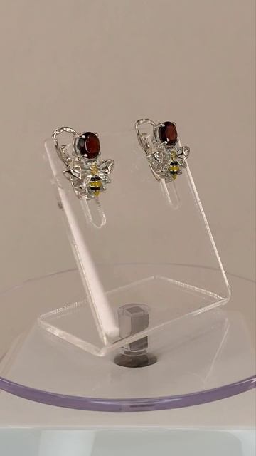 Серебряные серьги с Гранатом,  Цитрином и Фианитами на