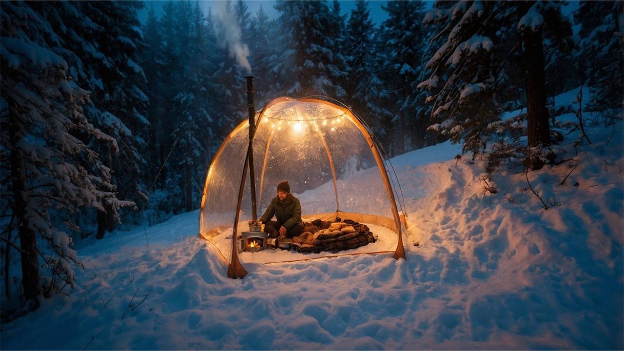Прозрачная горячая палатка для кемпинга в глубоком снегу | Solo Bushcraft смотреть онлайн