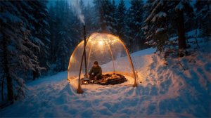 Прозрачная горячая палатка для кемпинга в глубоком снегу | Solo Bushcraft